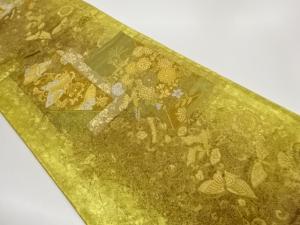 引箔蝶に花々模様織出し袋帯